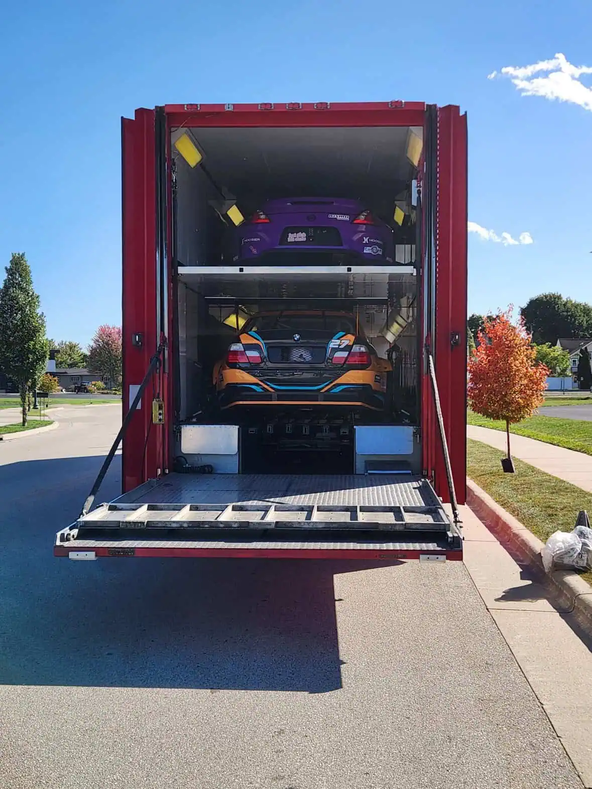 The #109 370Z loaded in the Knight Transport trailer heading home