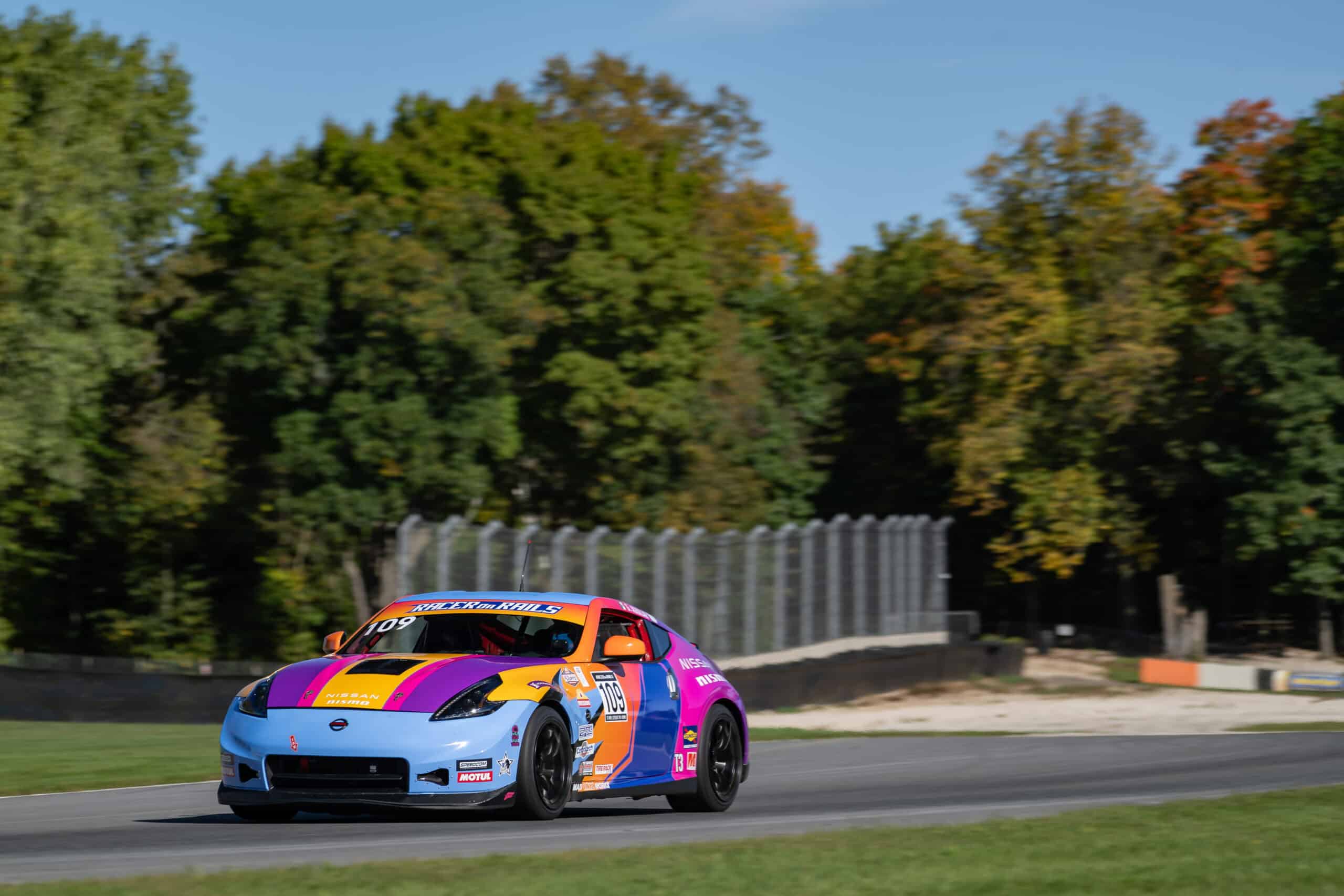 The #109 Racer on Rails 370Z on track at Road America during the 2026 SCCA Runoffs